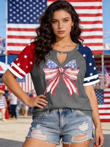 Image of Ithalt Plus Size American Flag Shirt Women Bow T Shirt 4th of July Shirts USA Patriotic V Neck Tees for Independence Day