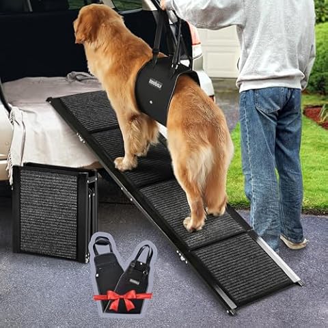 Zooba Dog Ramp for Car, 63" long & 17.3" wide Foldable Dog Ramp for SUV, Car, and Truck - 200 lbs Capacity, Anti-Slip Felt Surface, Pet Ramp with Dog Lift Harness for Large Dogs - Durable and Portable Cover