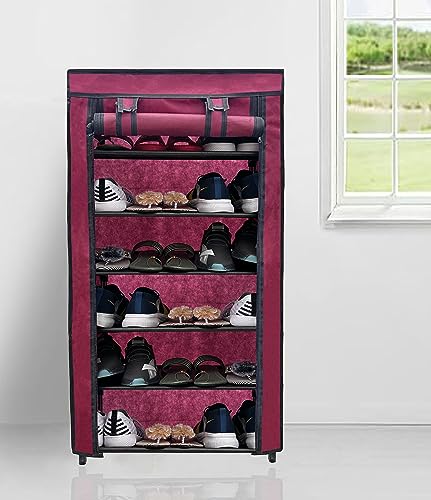 Image of Multi Utility 6 Layer Shelf Collapsible Metal Pipes with Non-Woven 100GSM Fabric Cover for Shoe /Cloth /Toy /Books Rack (Maroon, Metal)