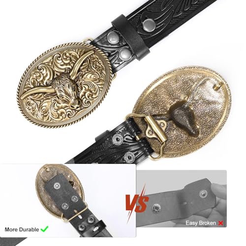 Image of SANSTHS Western Cowboy Belts for Men Women, Mens Western Belt Bull Buckle Country Belt Cowboy Leather Belt for Jeans
