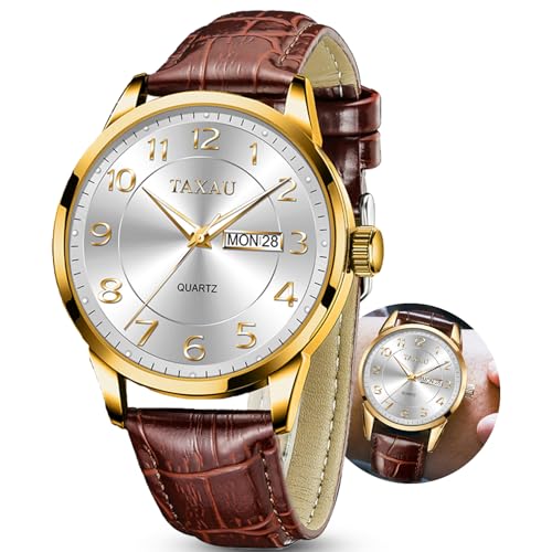 Mens Leather Watch Large Face Classic Quartz Mens Analog Watches Luxury Dress Watches for Men Waterproof Men's Wrist Watch Easy Read with Date Number Dial Relojes para Hombre