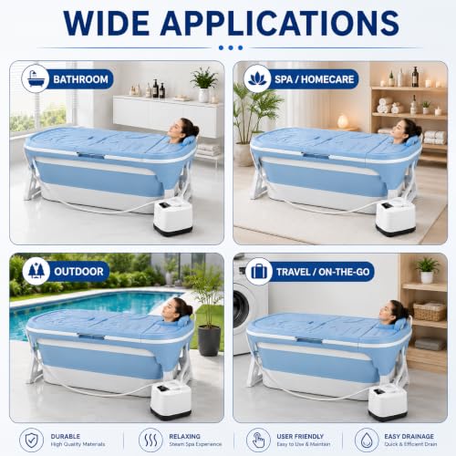 Image of HUKIMOYO Large bathtub for adults foldable bath tub for bathroom(132x 62x52cm) with Temperature Meter & Pillow Portable Bath Tub with Lid Adult Bathtub for Home Spa Hot &Cold Water (Suits upto 6ft)