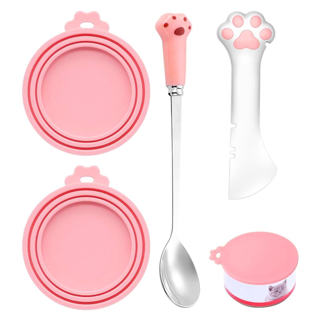 Grosion 4 PCS Cat Food Spoon Kit,Reusable Cat Paw Pet Foods Can Opener with Spoon and Pet Food Can Covers Lids,Cute Silicone Multi Function Pet Food Scoop for Dogs Cats Feeding Cans (Pink)