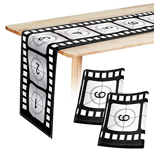 Breling 12 x 72 Inch Movie Night Table Runner Movie Theme Party Decorations Supplies Film Strip Table Runner Film Reel Tablecloth Decor for Kitchen Party(Classic Style,3 Pcs)