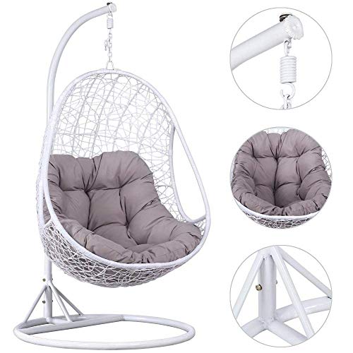 JYKJ Outdoor Hanging Chair Hanging Rattan Swing Chair With Soft Cushion Armrest Design Outdoor&Indoor Garden Patio Furniture Sand White