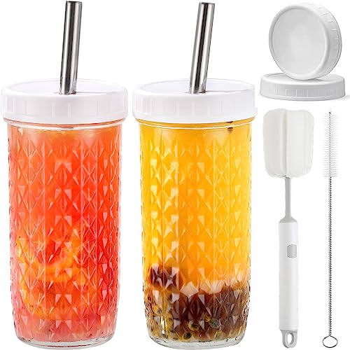 CJWLKJ 2 Pack Glass Cups Tumbler with Lids and Straws & 2 Airtight Lids Reusable Boba Bubble Tea Cups 24 Oz Diamond Texture Wide Mouth Mason Jar Cup Iced Coffee Cup Smoothie Cups