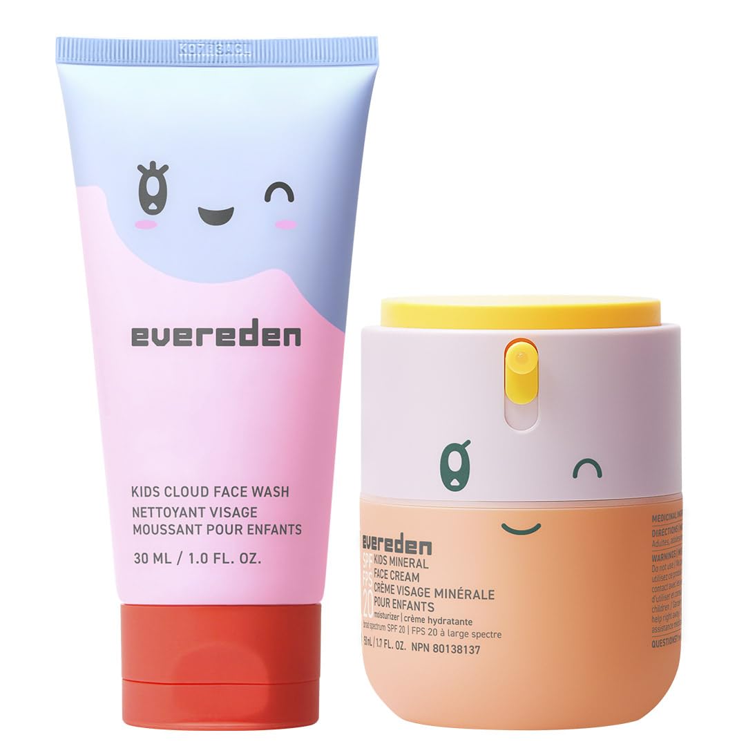 Kids Happy Morning DUO: Clean & Vegan Skin Care for Kids Bundle | Kids Skin Care Cloud Face Wash + SPF 20 Mineral Face Cream | Non-Toxic | Non-Comedogenic | Fun | Easy-to-Use Skincare for Kids