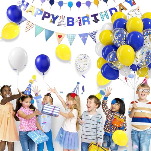 Image of BAUANOOY Blue and Yellow Balloons, 60pcs 12 Inch Royal Blue Yellow White Balloon with Confetti Balloons for Wedding Graduation Baby Shower Birthday Party Decorations