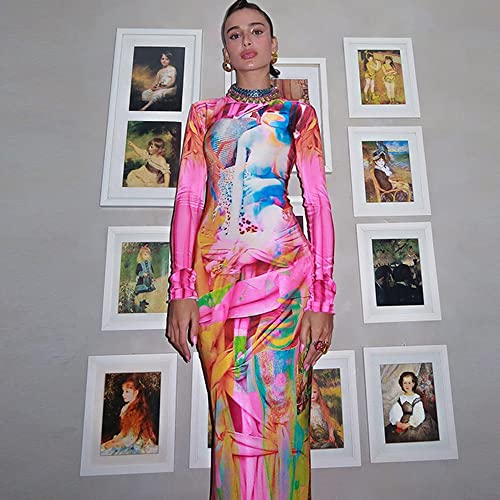 Women's Long Sleeve Bodycon Dress Unique 3D Print Sexy Body-Shaping Party Clubwear Long Maxi Pencil Dress3