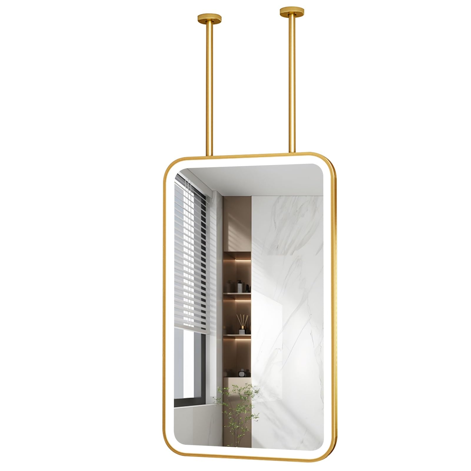 GLJTUO LED Vanity Mirror with Light, Bathroom Shaving Mirrors for Home or Hotel, Ceiling-Mounted Rectangle Metal Frame and Double Booms, Decor Hanging HD Mirror, Gold,size_name-60L x 40W cm