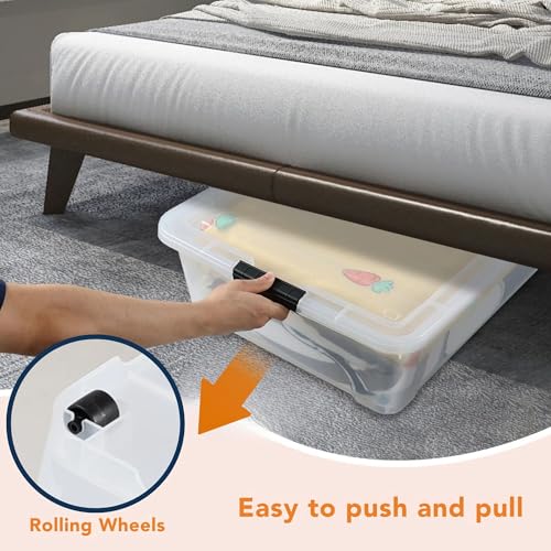Image of Clear Heavy Duty Transparent Under Bed Bulk Storage Container with Lids, 35 Litre, Dustproof, Stackable, Clip On Lid, BPA Free, Multipurpose Bed Storage Box with Roilling Wheels (Pack of 1)