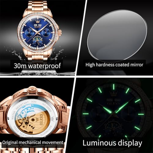 Image of OLEVS Automatic Men Watch Self Winding Mechanical Luxury Dress Moon Phase Stainless Steel Waterproof Luminous Calendar Wrist Watch