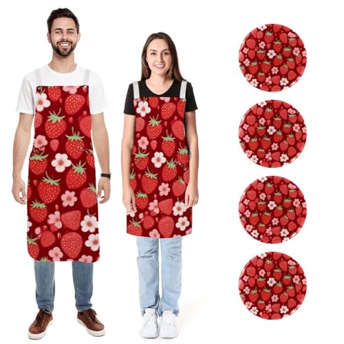 Tablier en lin motif fraises (lot de 2) avec poches réglables pour homme et femme