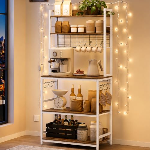 Image of 5-Tier Kitchen Organizer Rack-Multipurpose Microwave Stand for Kitchen Platform & OTG Oven-Steel Utensils Storage Shelf with Hooks - Engineered Wood & Metal Rack for Home- 80x40x170 cm - White /Brown