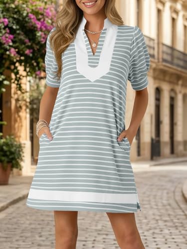 Fisoew Womens Summer T Shirt Mini Dress Casual Short Puff Sleeve Striped V Neck A Line Vacation Dresses with Pockets Grey — view 4