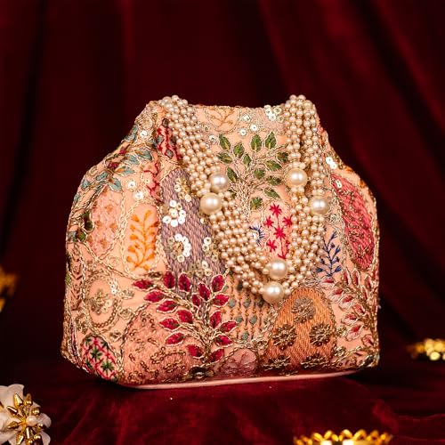 Image of Opulent Pearl Potli Bag, Bridal Wedding Handbag, Designer Beaded Clutch for Women, Festive Ethnic Purse