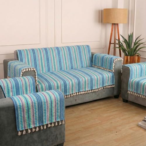 Image of Gifts Island Woven Acrylic Cotton Sofa Cover Mat, Blue Striped with Decorative Tassels, Non-Slip Design with Elastic Straps, 3 Seater and 1 Seater Mats with 6 Armrest Covers (Blue, 3+1+1 Seater)