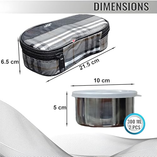 Image of Taxton Stainless Steel Lunch Box with 2 Containers and Insulated Carry Bag, Checkered Pattern, Plastic Lid (Black Grey)