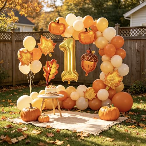 Image of 6 Pcs Fall 1st Birthday Balloons, Pumpkin Maple Leaf Acorn Foil Balloons