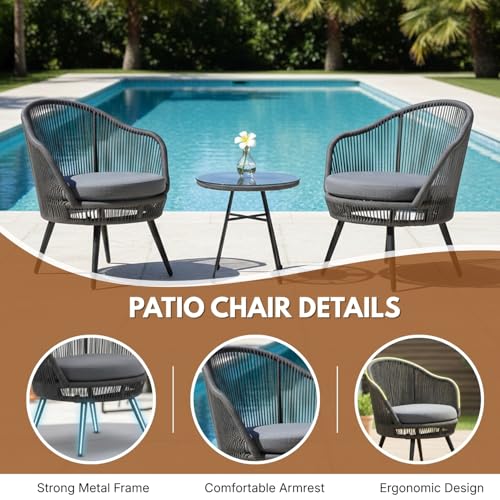 Image of DEVOKO 3 Piece Outdoor Patio Handwoven Rope Crown Shape Chair With Glass Top Side Table For Garden, Pool, Deck, Backyard, Balcony (Dark Grey & Grey), (61 X 61 X 81Cm)