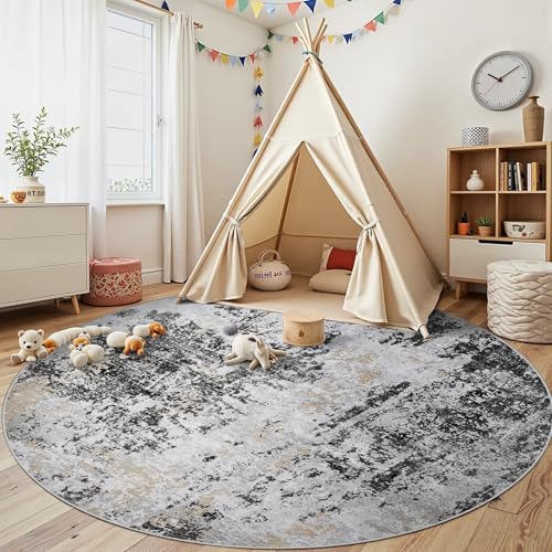 Round Rug 8ft Circle Rug Washable: Carpet Circular Area Rug for Entryway Kitchen Bedroom Dining Room Living Room Large 8 Feet Abstract College Dorm Non Slip Low Pile Black Grey Gold