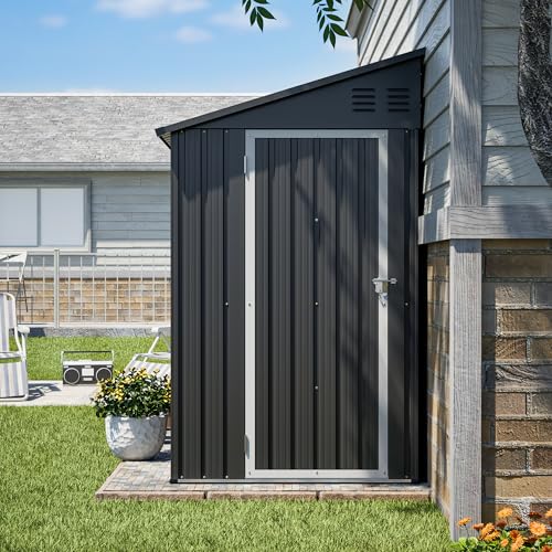 Image of YOPTO 4x8 FT Lean to Outdoor Storage Shed,Metal Shed W /Floor Frame & Reversible Installation,All Weather Waterproof Garden Tool House W /Lockable Door & 2 Air Vents,for Backyard,Patio,Lawn,Black