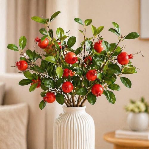 Image of SATYAM KRAFT 3 Pcs Pomegranate Plant Stick, Elevate Your Decor with Artificial Pomegranate Branches Lifelike Tree Plants for Vase Display in Home, Garden, Office, Living Room