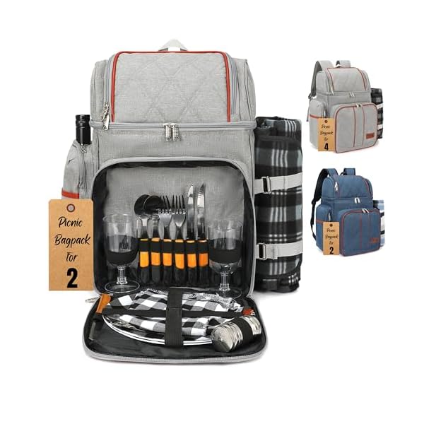 Picnic-BagPack Rnoony Picnic Backpack for Camping, Picnic Basket for with Insulated Cooler Bag and Bottle Pouch,Camping Gifts for Couples with Lightweight Blanket and Cutlery Set for Family, Couple and Hiking