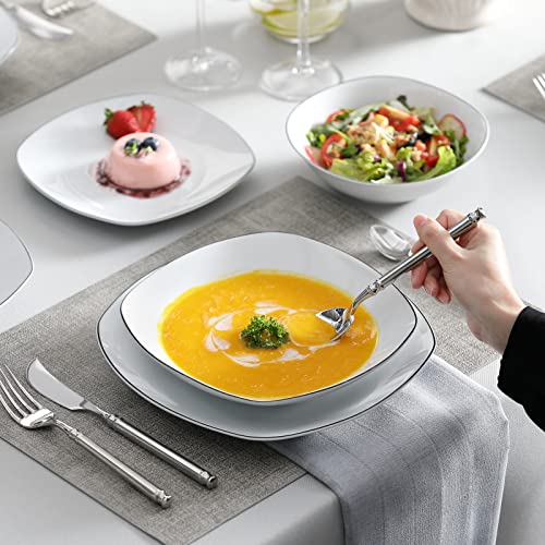 Image of MALACASA Dinnerware Sets, 24 Piece Porcelain Square Dishes, White with Black Rim Plates and Bowls Sets, Ceramic Dish Set for 6, Chip Resistant Dishware Sets, Series ELISA
