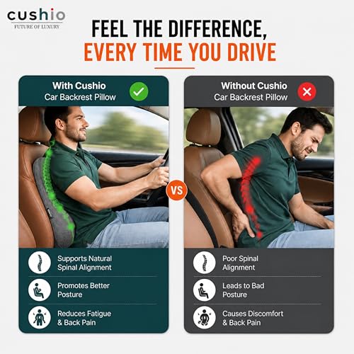 Image of CUSHIO Memory Foam Car Seat Cushion for Back Support, Ergonomic Lumbar Support for Car Seat & Office Chair, Car Back Support Cushion, Chair Cushion for Pain Relief & Posture (Grey)
