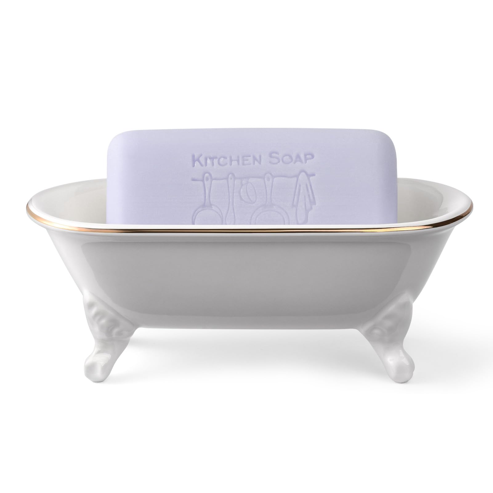Jabonera decorativa de cerámica de 6.5 pulgadas, soporte de esponja de cocina y bandeja de ducha para baño, 1 paquete (borde dorado blanco)