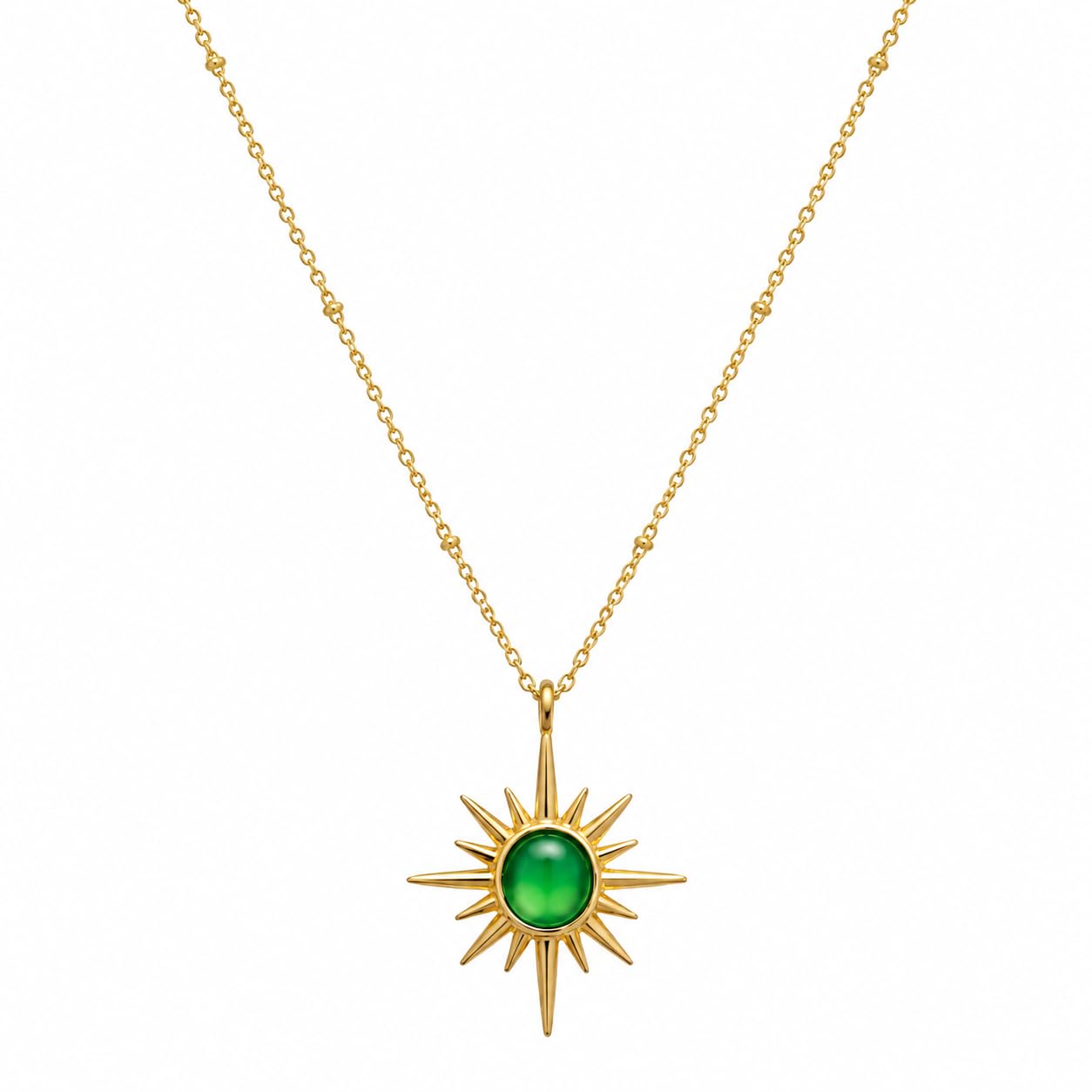 Ankaha 18K Gold Plated Anti Tarnish Green Star burst Necklace for Women - Dainty Celestial Sun Pendant with Green Cat’s Eye Stone - 16" Adjustable Bead Chain - Boho Jewelry Gift for Her - Sun Medallion Necklace-image-1