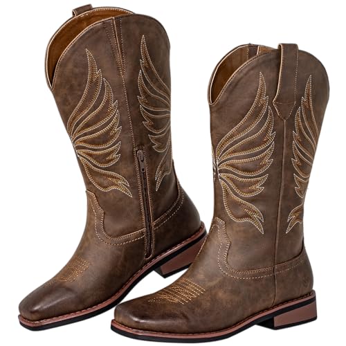 SheSole Cowgirl Boots Wide Calf with Roomy Square Toe - Easy On/Off with Side Zipper & Elastic, Comfortable Western Cowboy Boots Women for Curvy Legs