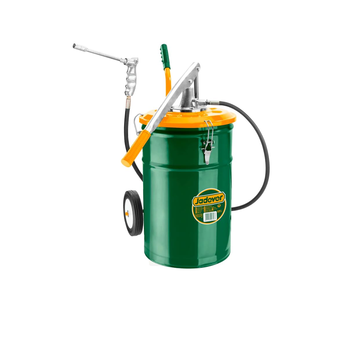 Jadever Ingrassatore Manuale Pneumatico con Fusto da 25kg in Acciaio e Ruote, Compressore a Leva per Grasso, Pistola Ingrassatrice Professionale, Pompa per Grasso ad Alta Pressione