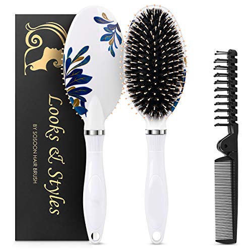 Hair Brush, Boar Bristle Paddle Hairbrush for Long, Thick, Curly, Wavy, Dry or Damaged Hair, Reducing Hair Breakage and Frizzy, No More Tangle 