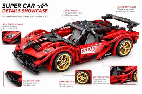 Image of 1:18 Scale Pull Back Racing Car Building Block Set (422-520 PCS) | Creative Assembly Toy for Collectors & Enthusiasts | Compatible Brick Model Kit (red bloks)