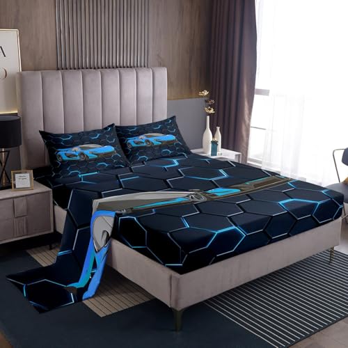 Loussiesd Juego de sábanas azules con diseño de coche de carreras, tamaño King, para niños y adolescentes, juego de ropa de cama geométrica de panal de abeja con sábana bajera ajustable de bolsillo