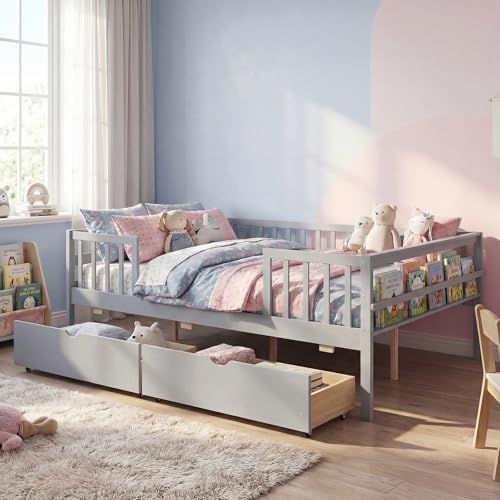 Image of KOMFOTT Full Bed Frame with Rails, Wood Daybed with Side Shelf & 2 Storage Drawers, Platform Bed with Guardrail & Wooden Slat Support for Kids Teens, No Box Spring Needed (Full,Grey)