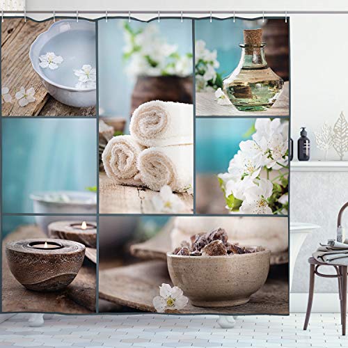 ABAKUHAUS Spa Shower Curtain, Far East Close to Your Heart Massage Theme Collage Oils Candles Flowers Print