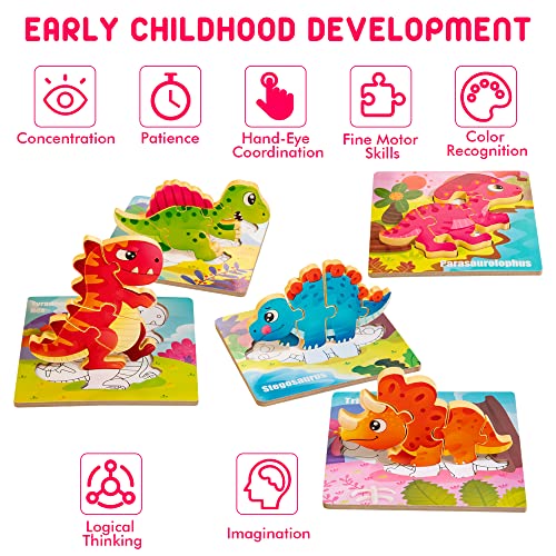 Hellowood Wooden Dinosaur Puzzles For Toddlers Age 2+, 5 Pack Jigsaw Puzzles For Kids, Montessori Educational Toys For Baby Boys Girls, Stem Travel Toys #TOP4