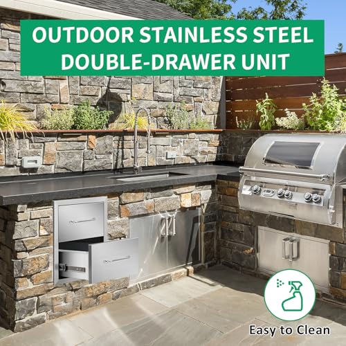 Image of Outdoor Kitchen Drawers 14 inch W x 15 inch H x 23 inch D Stainless Steel Double Drawers with Ergonomic Handle for BBQ Island, Patio Grill Station & Outdoor Kitchen Cabinets