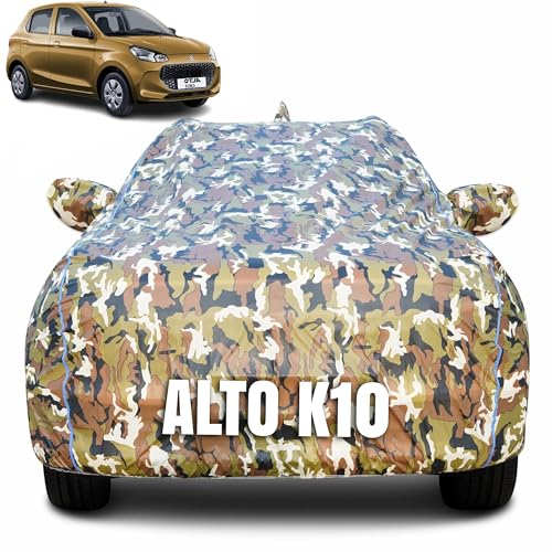 Image of 100% Waterproof Car Body Cover for Maruti Suzuki Alto K10 (2010-2025) with Mirror Pocket (Heat & UV Resistant, Triple Stitched, Soft Lining, Bottom Elastic & Piping) Camouflage, Military Print