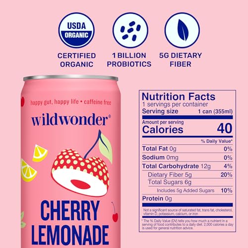 NEW! wildwonder Sparkling Probiotic Drink 12pk, For Gut Health & Immune Support, Cherry Lemonade, 5g Prebiotic Fiber, Live Probiotics, Organic, Vegan, Low Sugar, 12 Pack, 12oz Can, Seen on Shark Tank - Image 3