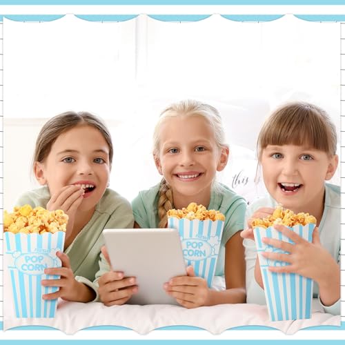 Image of Xinnun 100 Pcs Popcorn Boxes 32oz Classic Stripe Paper Buckets Disposable Oil Proof Popcorn Container Retro Open Top Box for Movie Night Supplies Theaters Carnival Birthday Party(Light Blue and White)