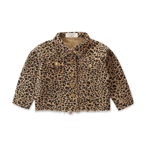Girls Vintage Jacket Coat Long Sleeve Leopard Printed Button Down Open Front Pockets Cropped Denim Jackets