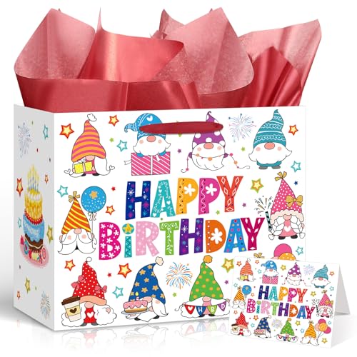 Gnome Birthday Gift Bag with Card and Red Tissue Paper Large Colorful Tomte Elf Dwarf Theme Present Wrapping Paper Bag for Women Men Kids Girls Boys Gardeners Funny Bday Baby Shower Party Supplies