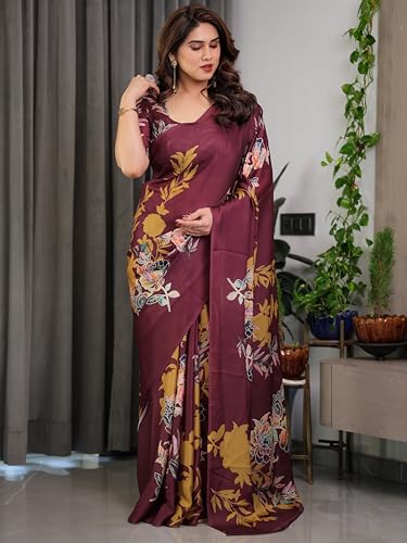 Image of ALMAARI FASHION Satin Georgette Floral Printed Saree with Blouse, 5.5 Meter Saree with 0.8 Meter Blouse, Traditional (SG 116 H)