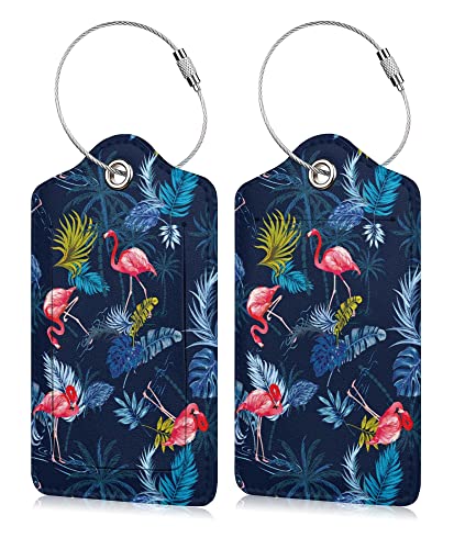Image of Set of 2 Luggage Tag Suitcases Tag with Privacy Name Lable ID Card PU Leather Baggage Tags for Men Women Travel (Flamingo-2)