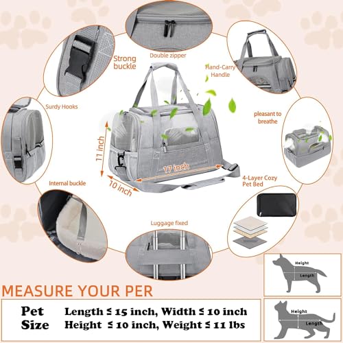 SHJOEE Sac de Transport pour Chat Chien Caisse de Transport Chat Respirant et Pliable Cage Transport Chat avec Matelas en Peluche Amovible et Bol pour Voyage en Train/Voiture/Restaurant/Avion (Gris) – Image 4