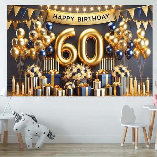 Image of BlissYard Happy 60th Birthday Backdrop Gold and Navy Blue Balloon Banner Birthday Sign Photography Background 60 Year Birthday Party for Women Birthday Party Decorations Photo Booth 71x 43 Inch